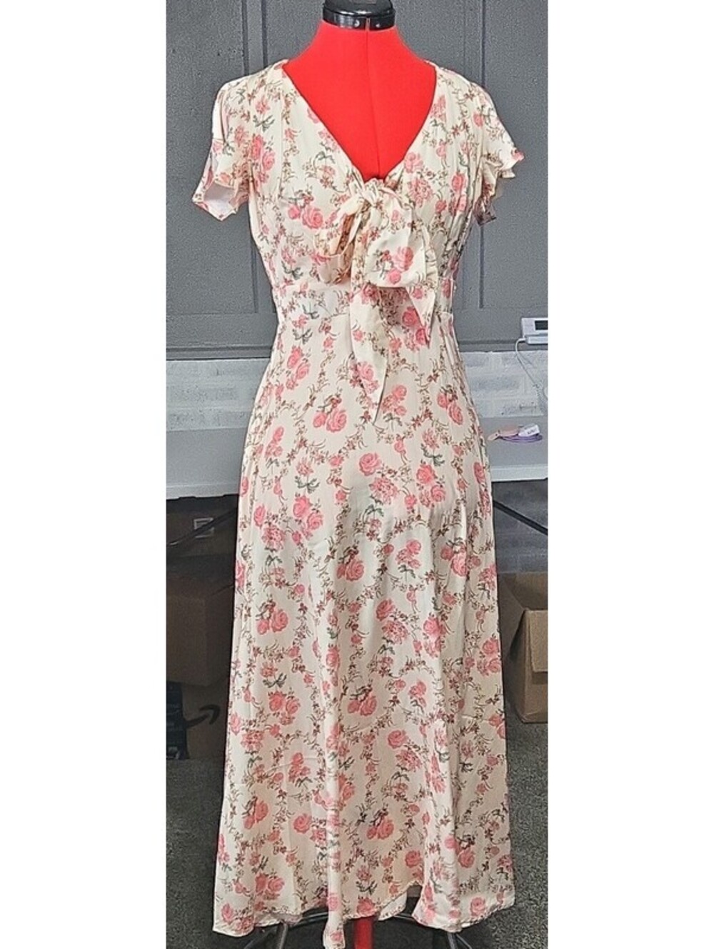 francesca's Cream Pink Green Floral Satin Midi Dress XS V-Neck Bow Tie Zip
